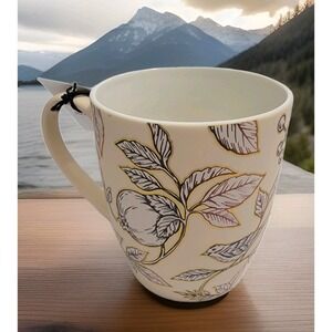 Fall Blooms Birds Florals Creme Gold Soft Touch Dwell Studios Coffee Mug NWT